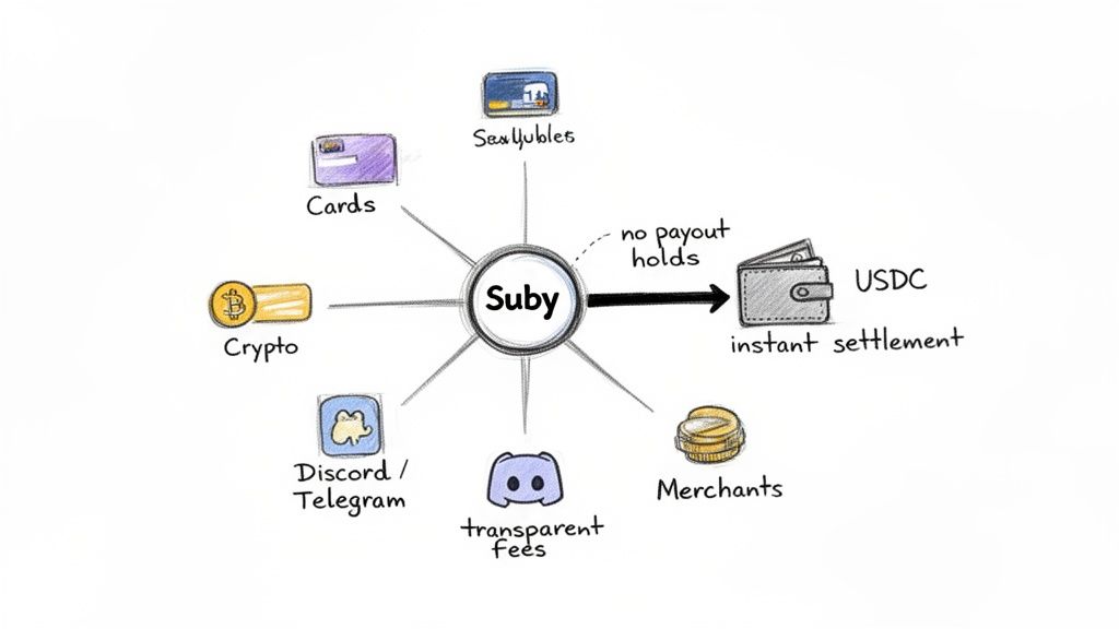 Suby payment solution diagram showing inputs like cards, crypto, and merchants settling into USDC with instant settlement.