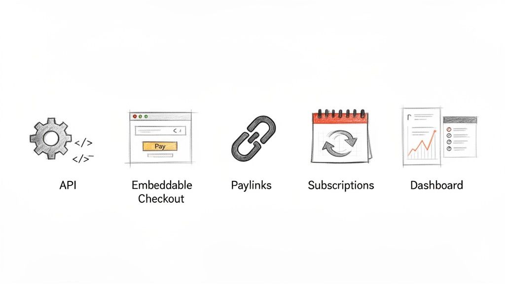 Hand-drawn icons representing payment gateway features: API, embeddable checkout, paylinks, subscriptions, and dashboard.