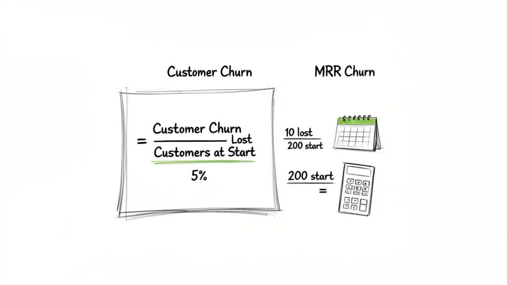 Hand-drawn illustration explaining customer churn calculation with a formula and an example of 5%.