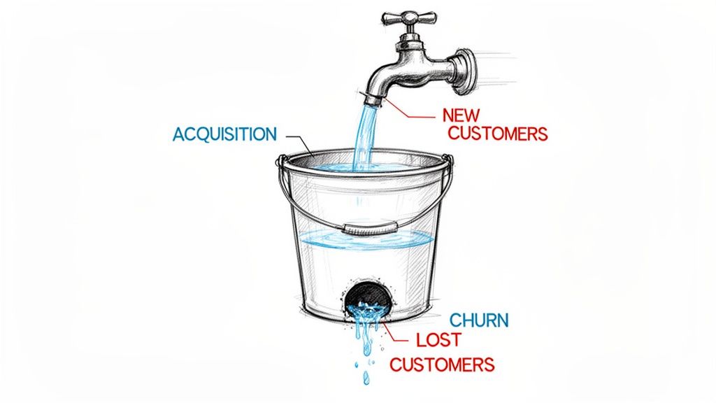 A leaky bucket model illustrating customer acquisition (new customers filling) and customer churn (lost customers leaking).