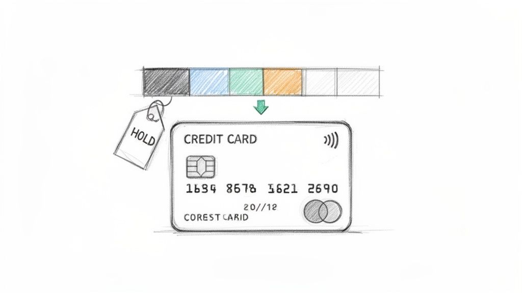 Hand-drawn sketch illustrating a credit card with a 'HOLD' tag and a color selection bar.