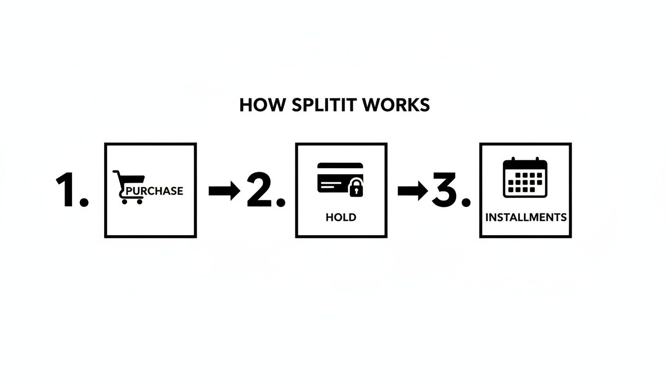 Diagram illustrating how Splitit works in three simple steps: purchase, hold, and installments.