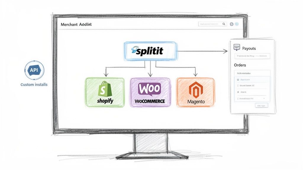 Diagram illustrates Splitit's e-commerce integration with Shopify, WooCommerce, Magento, and custom API, managing payouts and orders.