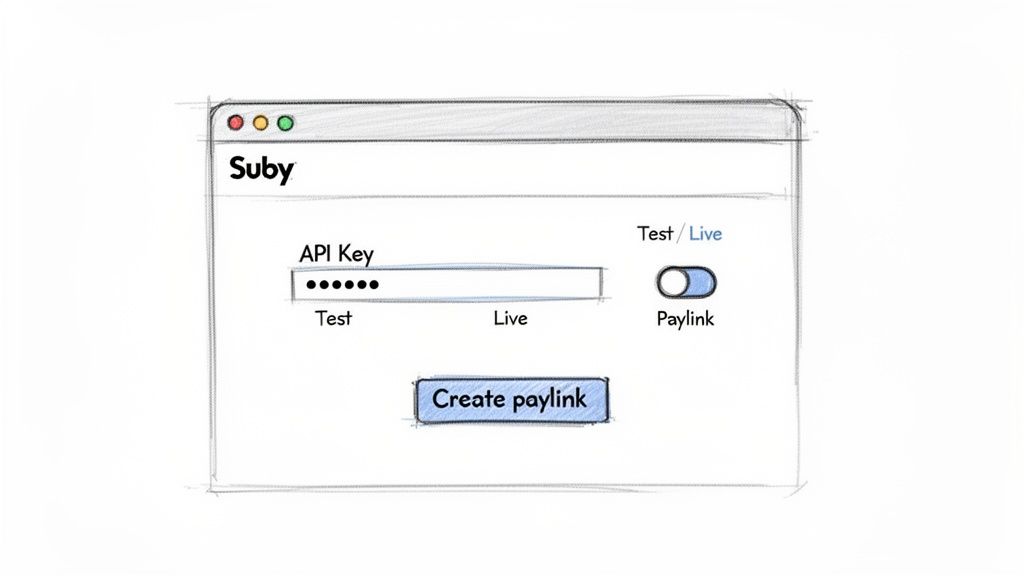 Hand-drawn sketch of a Suby application interface with API key input, Test/Live options, and a Paylink toggle.