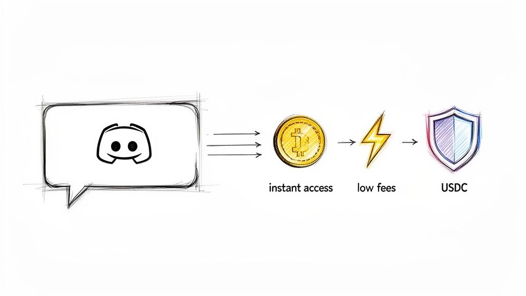 Diagram showing Discord integration with crypto payments for instant access, low fees, and USDC.