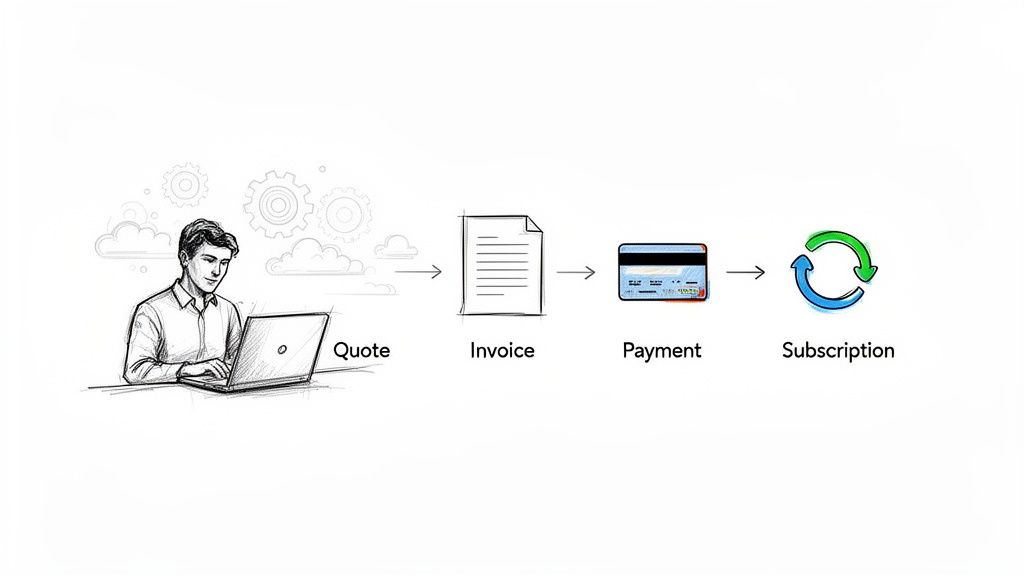 A diagram illustrating the subscription billing process: quote, invoice, payment, and recurring subscription.