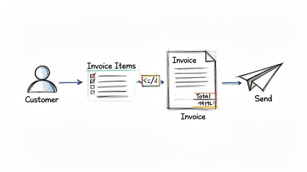A flowchart illustrating the process of a customer selecting invoice items, generating an invoice, and sending it.