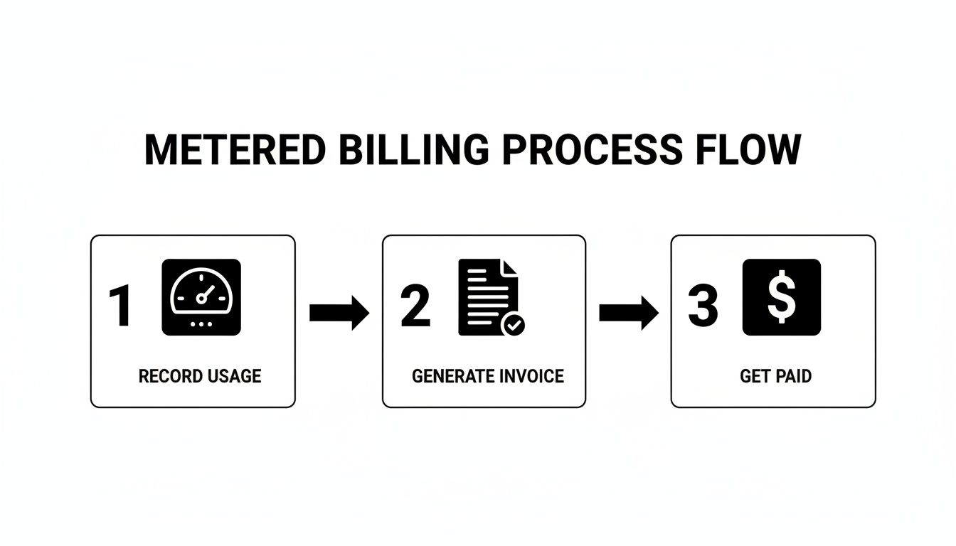 Flowchart detailing the metered billing process, including recording usage, generating invoices, and getting paid.