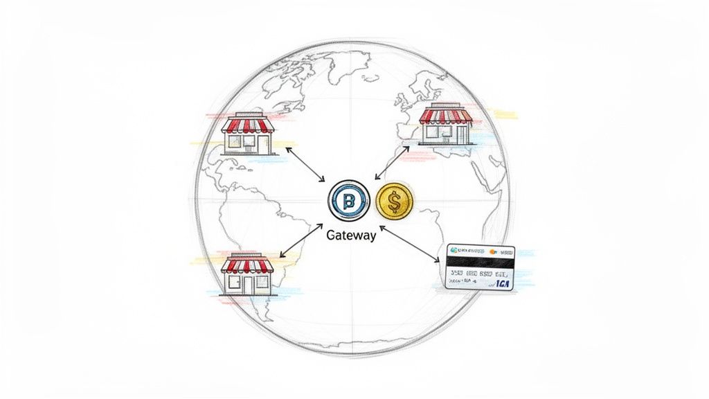 Diagram illustrating a global payment gateway facilitating transactions between shops, crypto, fiat, and credit cards.
