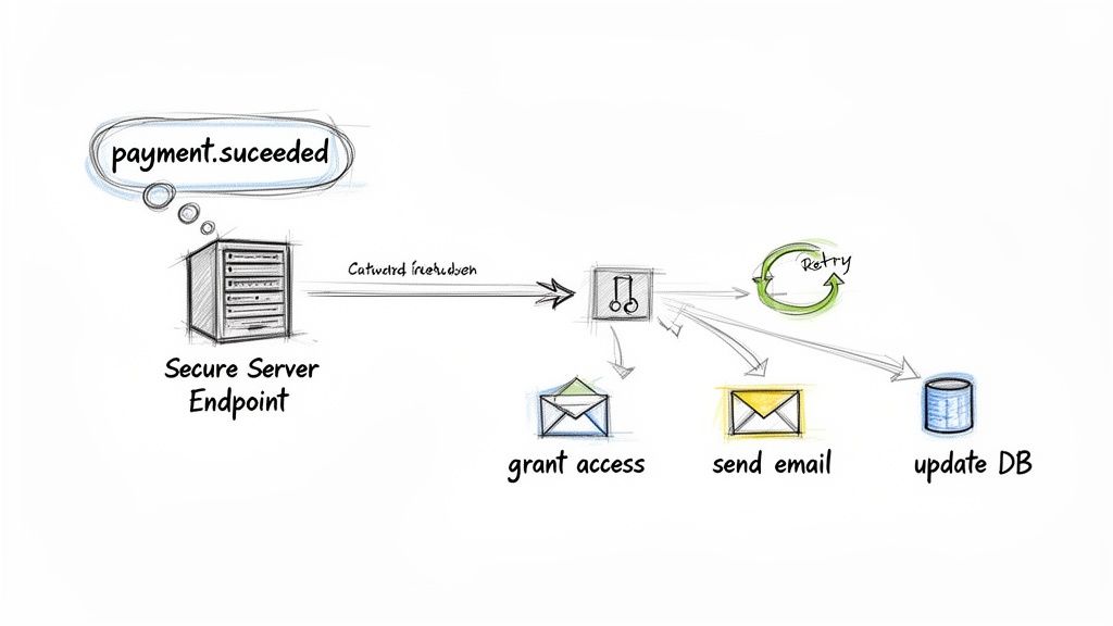 Diagram of payment success workflow: server receives event, triggers access, email, database update, and retry.