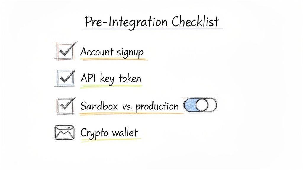 A pre-integration checklist with items like account signup, API key, and sandbox vs. production.