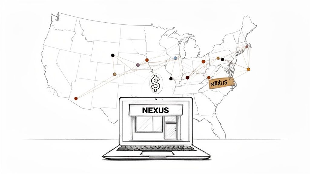 USA map illustrating sales connections with a dollar sign and a laptop displaying a 'NEXUS' online shop.