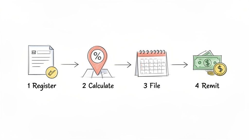 Illustrative diagram showing four key steps of a financial process: register, calculate, file, and remit.