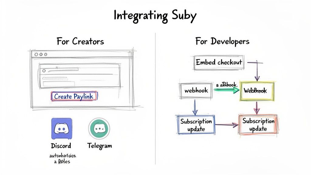 Suby integration diagram: creators generate paylinks for Discord/Telegram, while developers use webhooks for subscription updates.