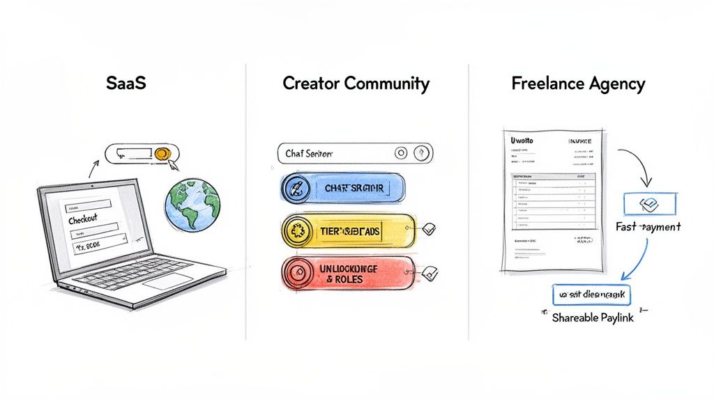 An illustration showcasing a creator monetization platform with SaaS checkout, community features, and freelance payment solutions.