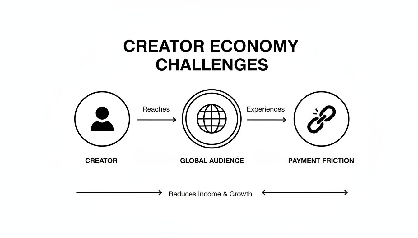 Diagram illustrating creator economy challenges: payment friction reduces income and growth for creators reaching global audiences.
