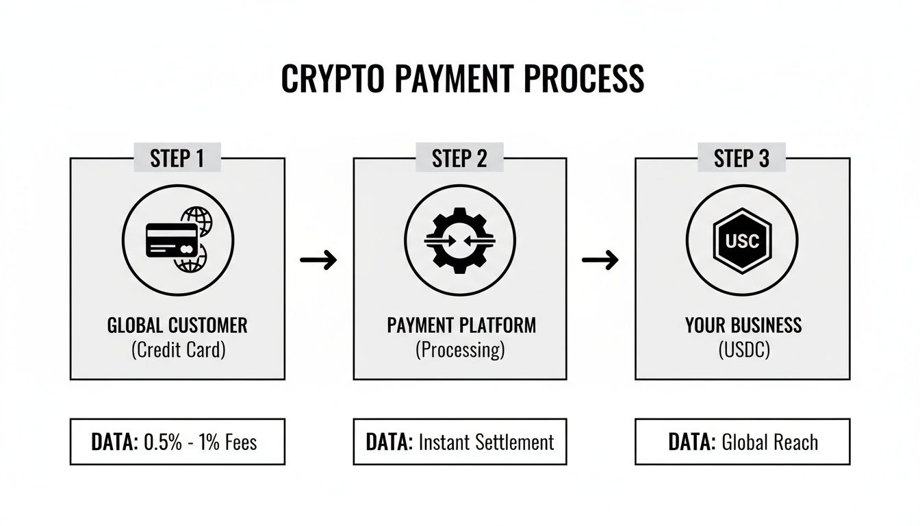 Diagram showing a three-step crypto payment process from global customer to business with fees and benefits.