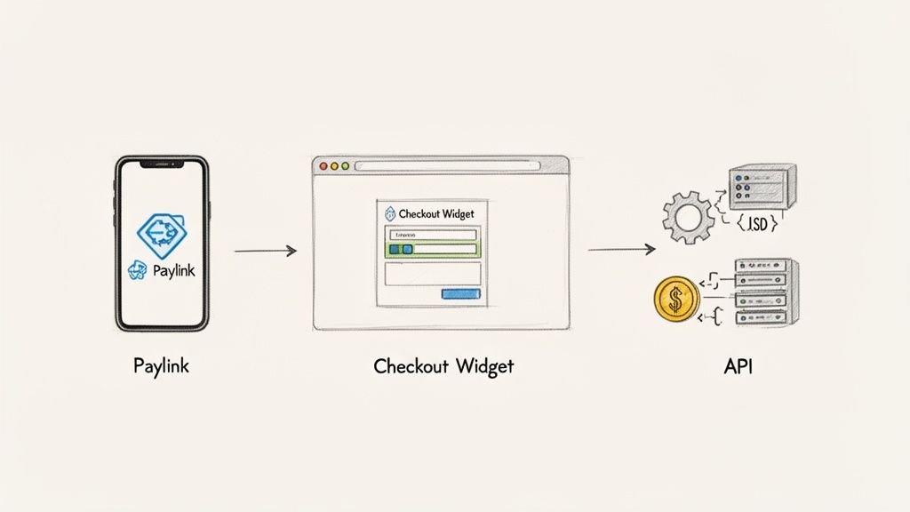 A visual diagram illustrating a digital payment process from a Paylink mobile app to a checkout widget and API.