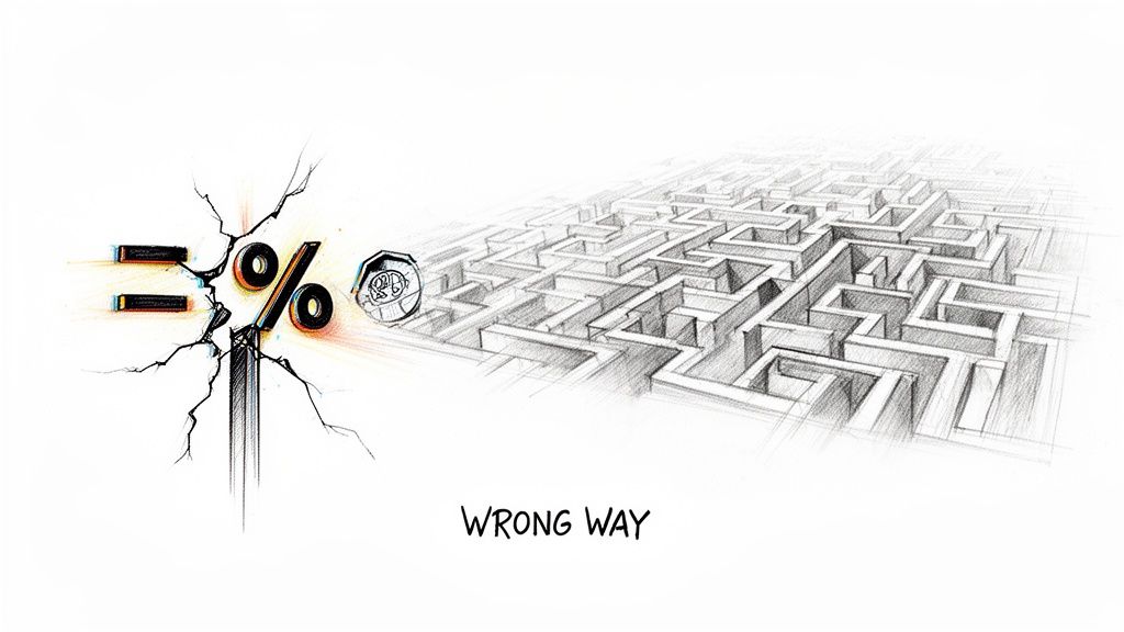 A pencil sketch shows a percentage symbol hitting a wall, next to a complex, difficult maze.