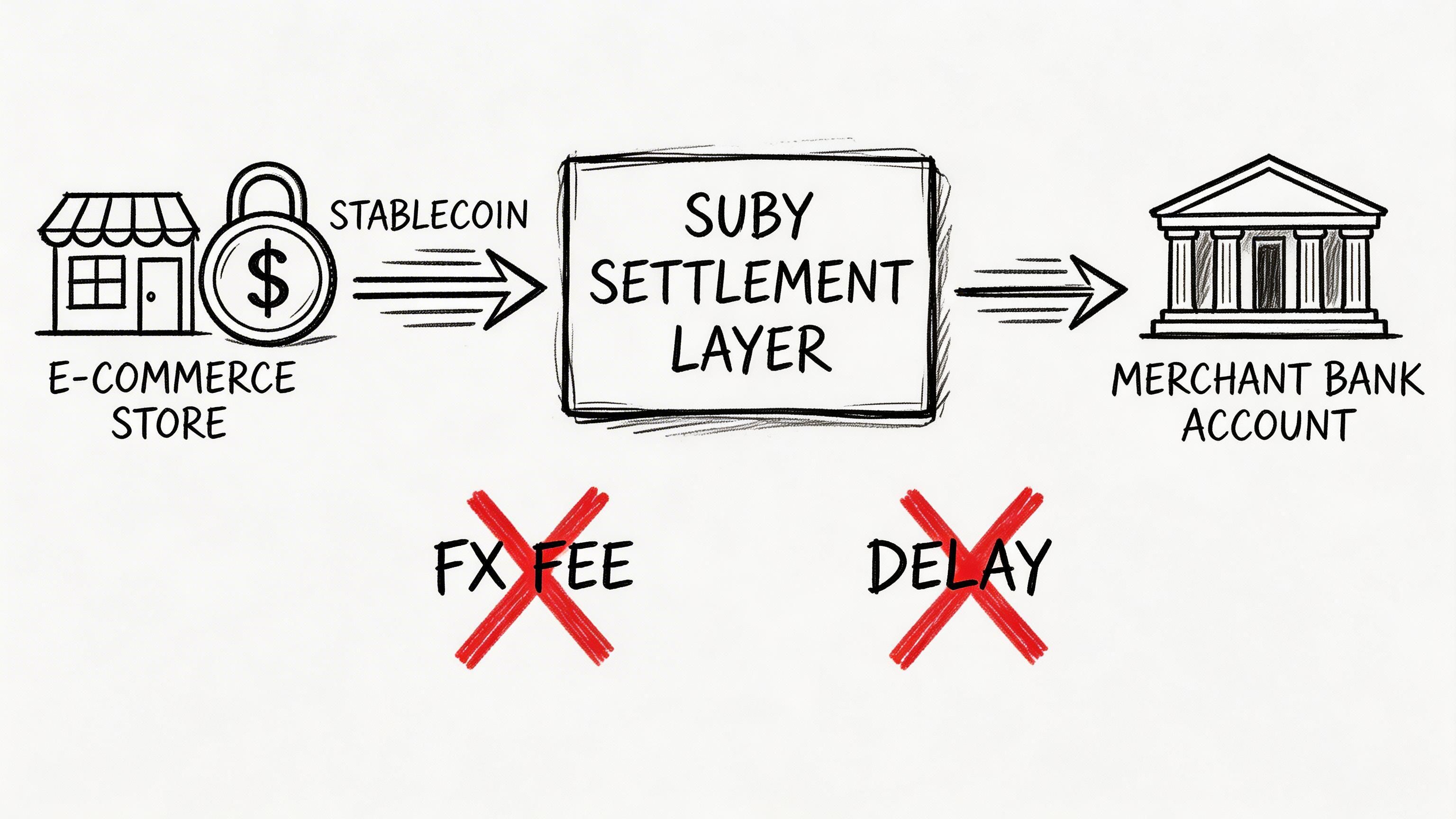 A diagram illustrating the Suby Settlement Layer facilitating payments from e-commerce stores to merchant bank accounts without fees.