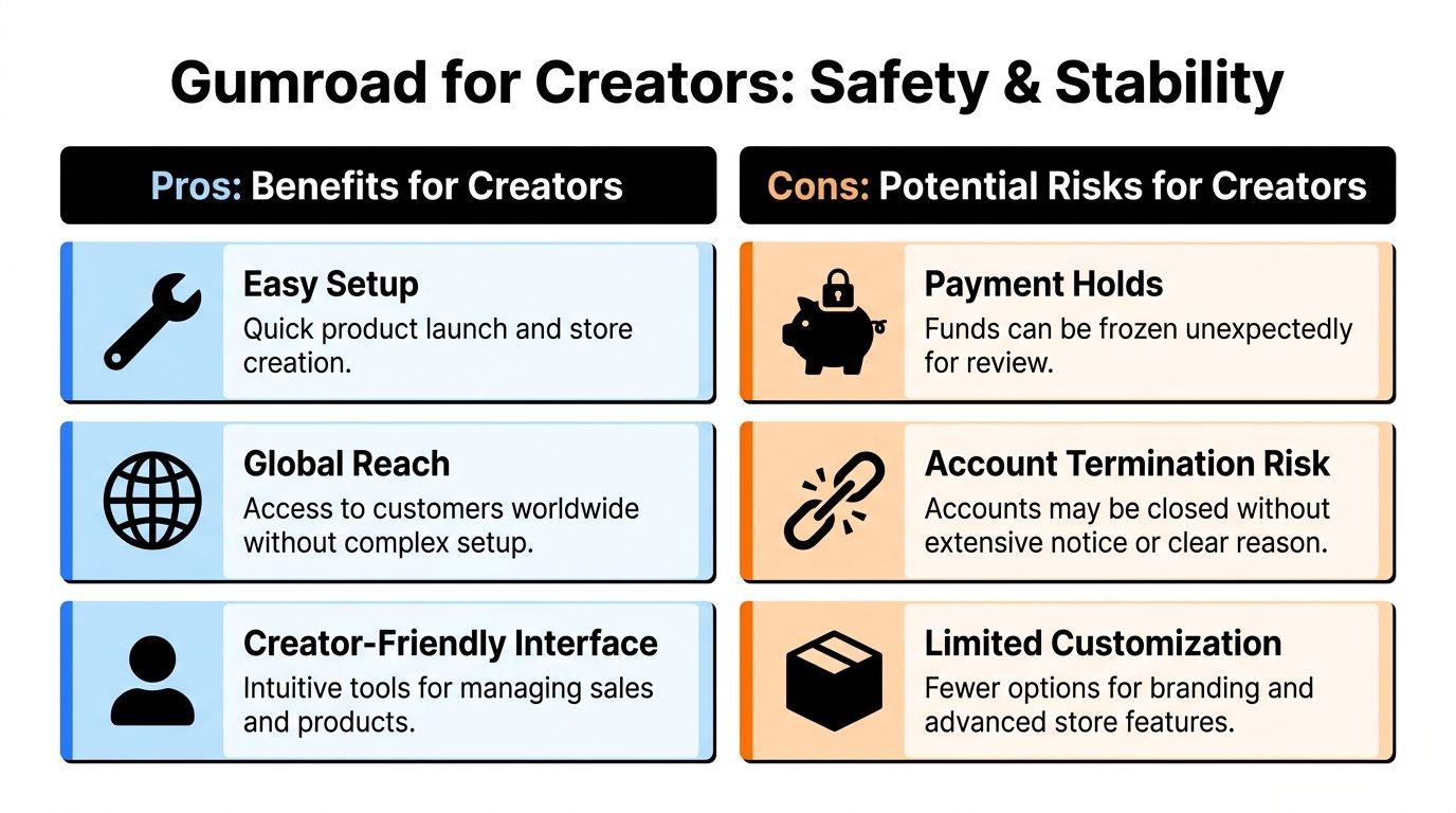 A comparison chart highlighting the pros and cons of using the Gumroad platform for creators.