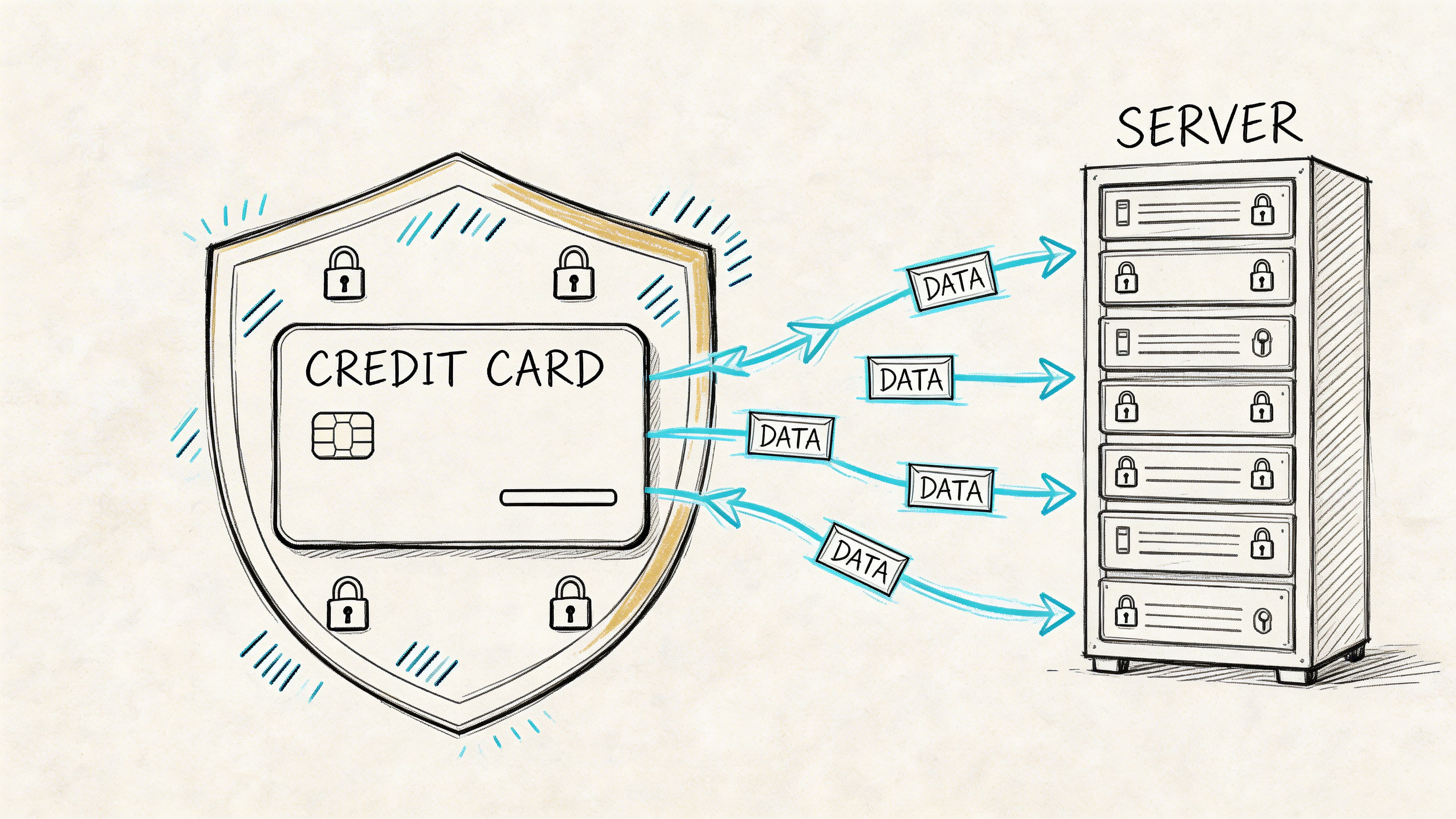 A digital illustration showing a credit card protected by a shield sending data packets to a secure server.