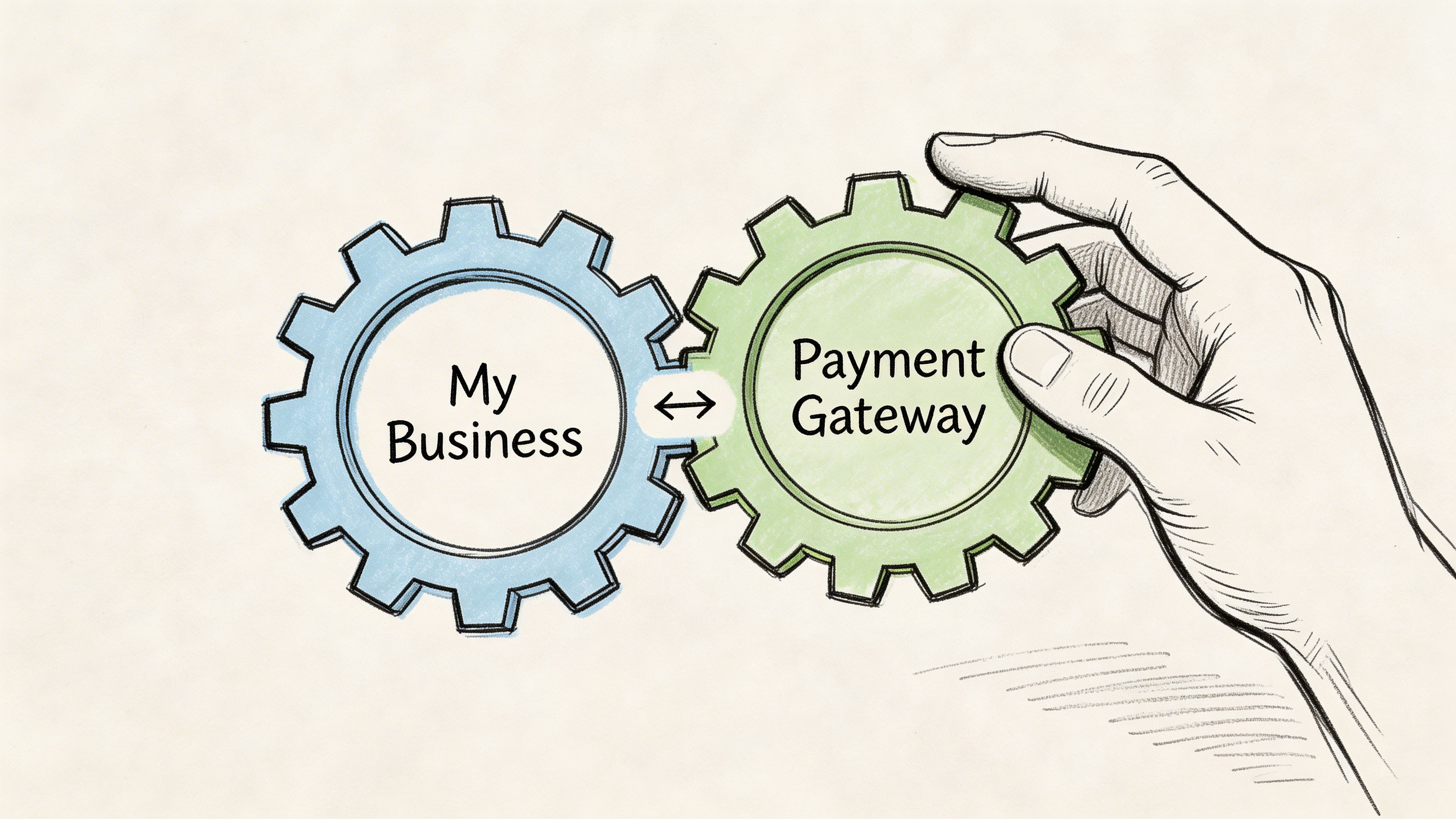 A hand turning a gear labeled Payment Gateway connected to a gear labeled My Business.