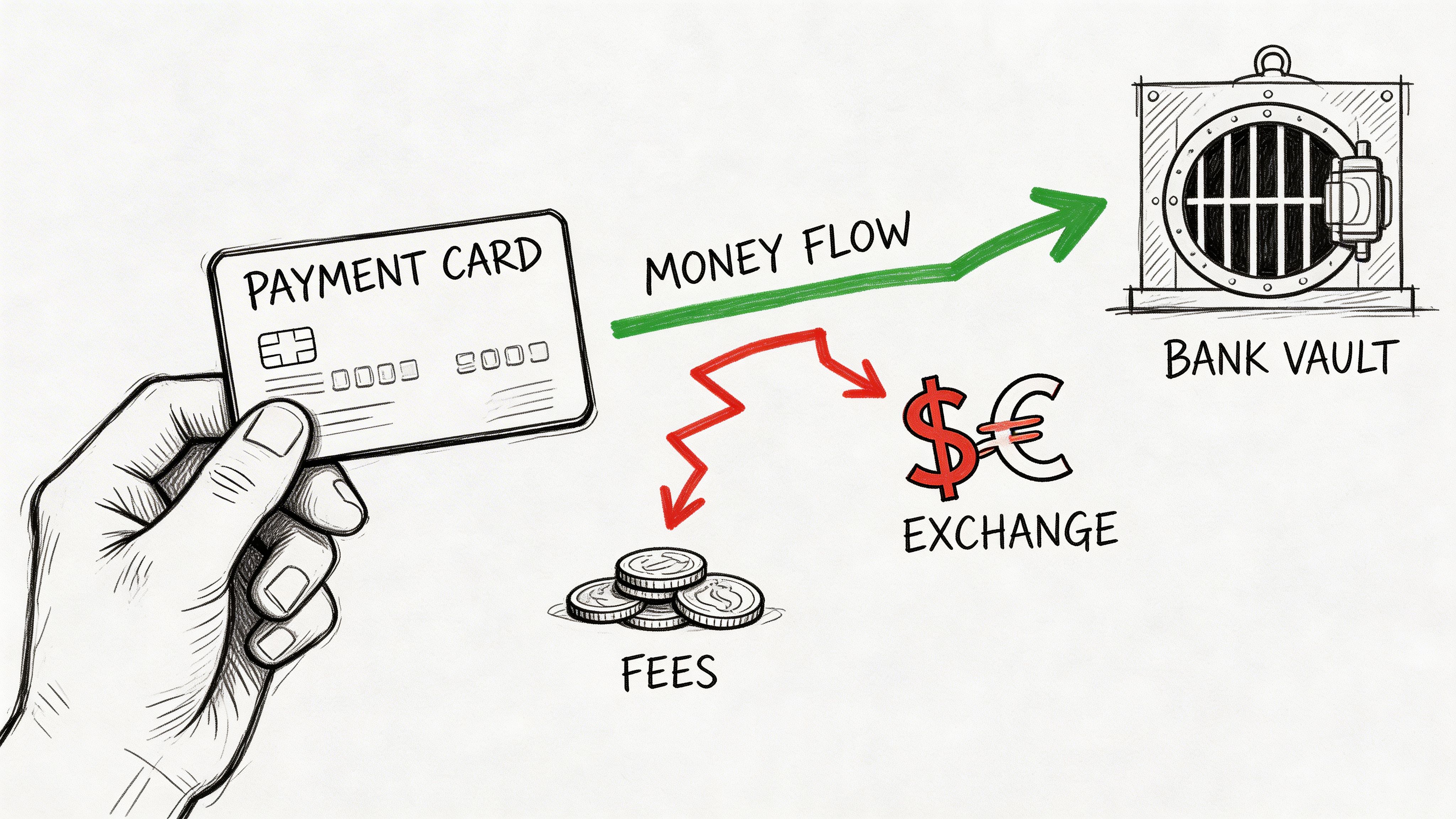 A hand holding a payment card, illustrating money flow to a bank vault with fees and exchange costs.