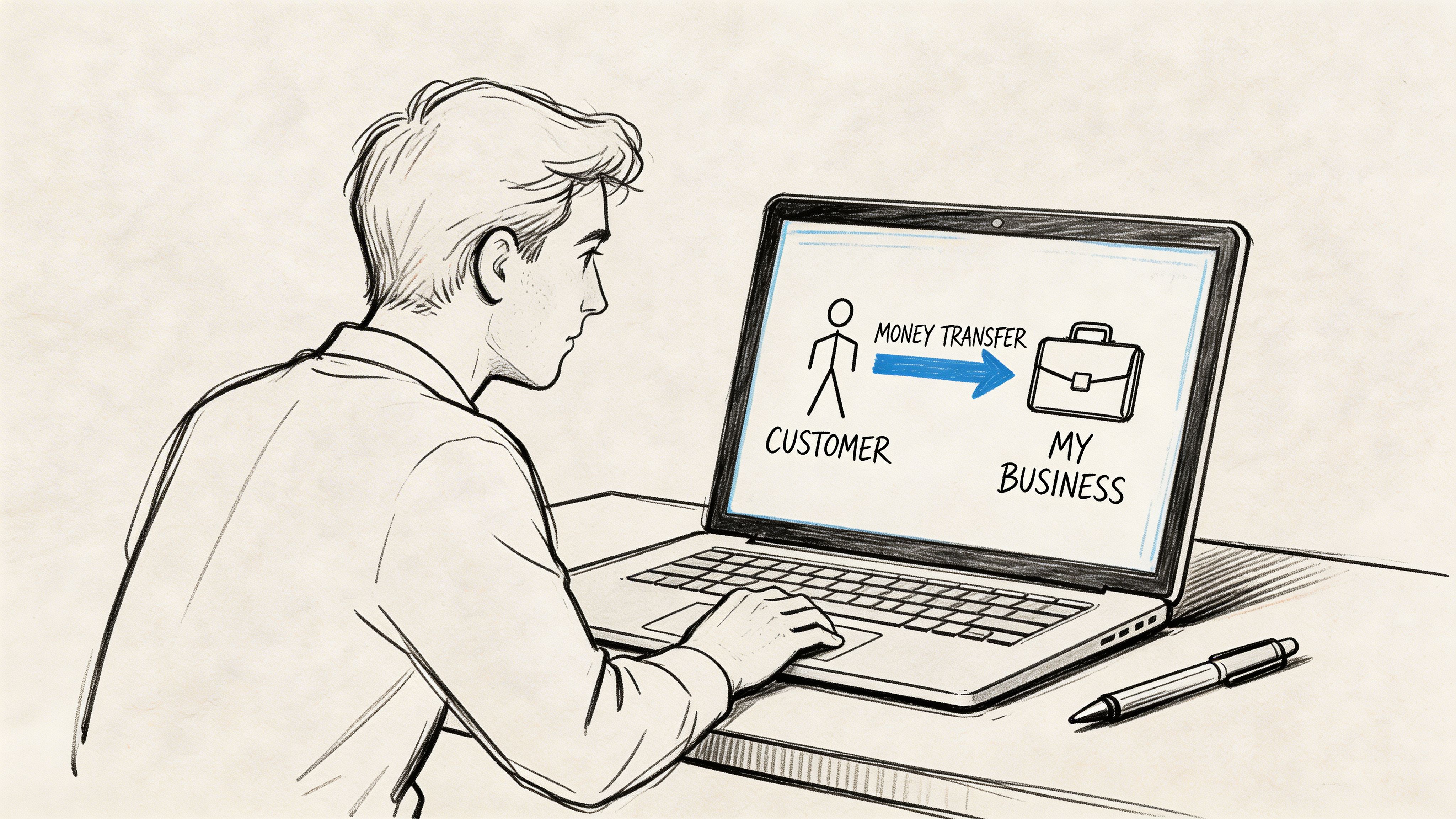 A person working on a laptop displaying a digital diagram showing a customer making a money transfer.