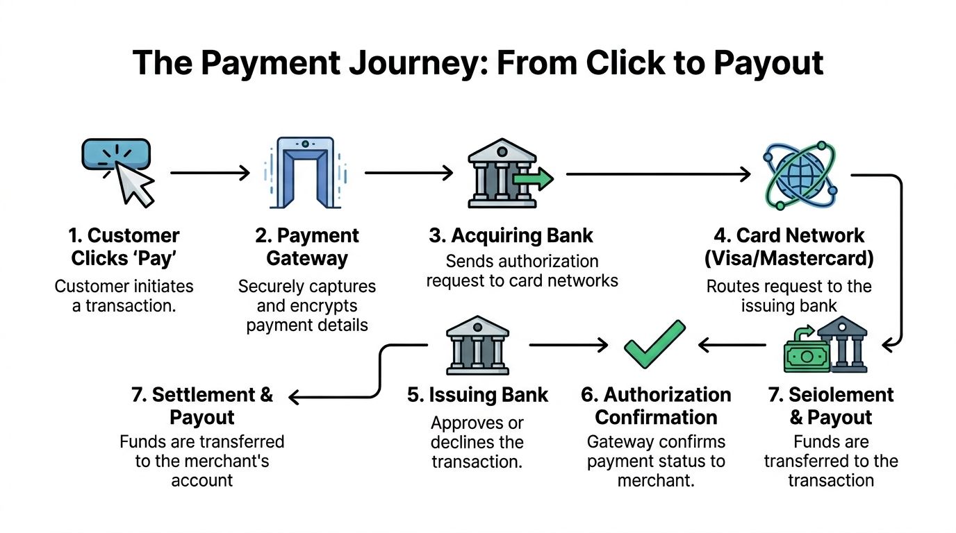 A simplified infographic diagram explaining the seven-step electronic commerce payment journey from checkout to merchant payout.