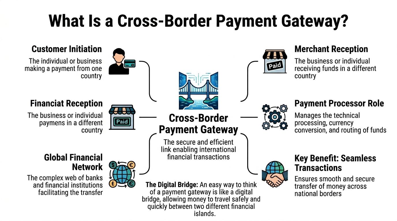 A diagram explaining how a cross-border payment gateway connects international financial transactions between different countries and businesses.