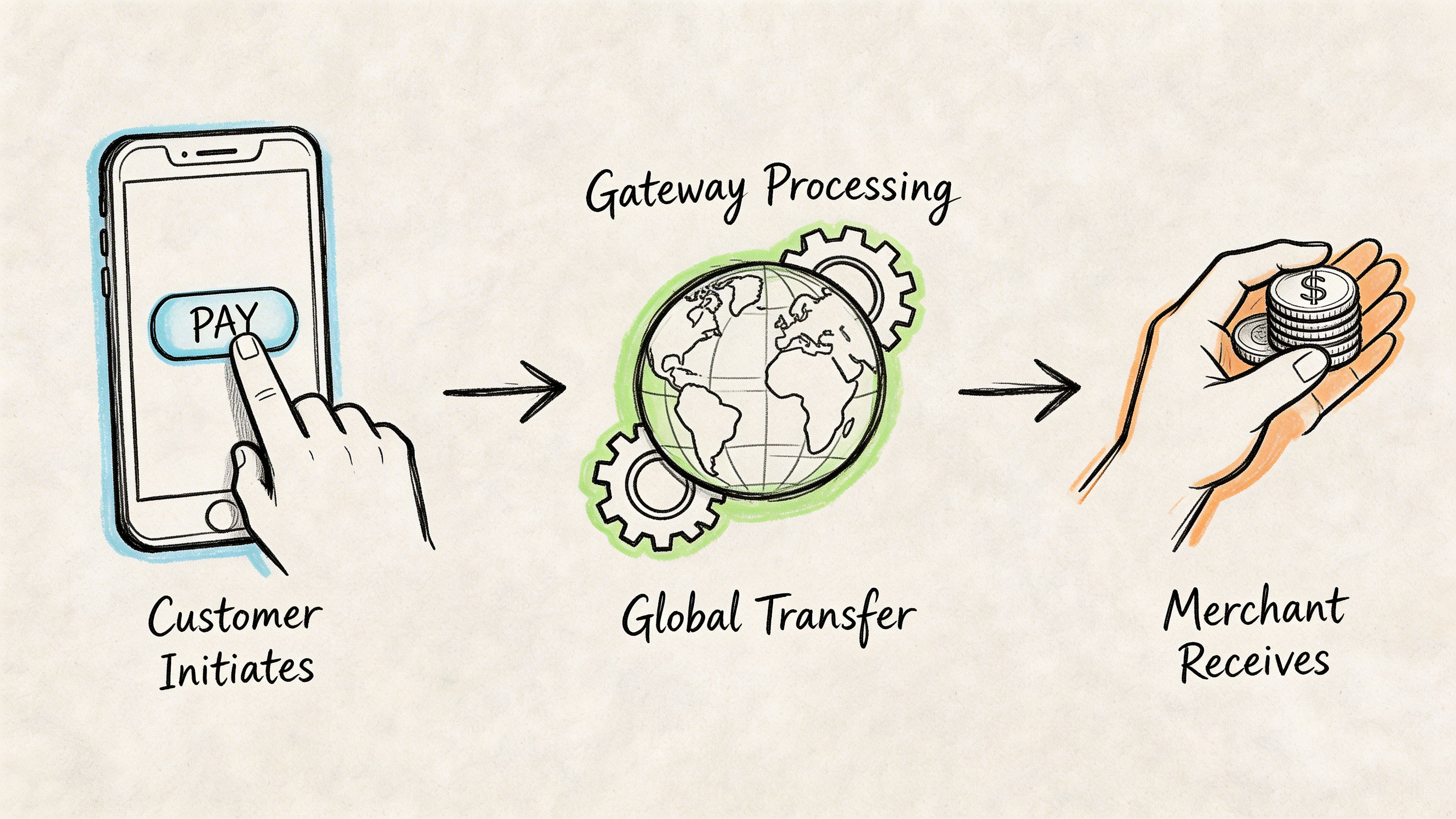 A hand pressing a pay button on a smartphone, representing a global payment gateway transfer process.