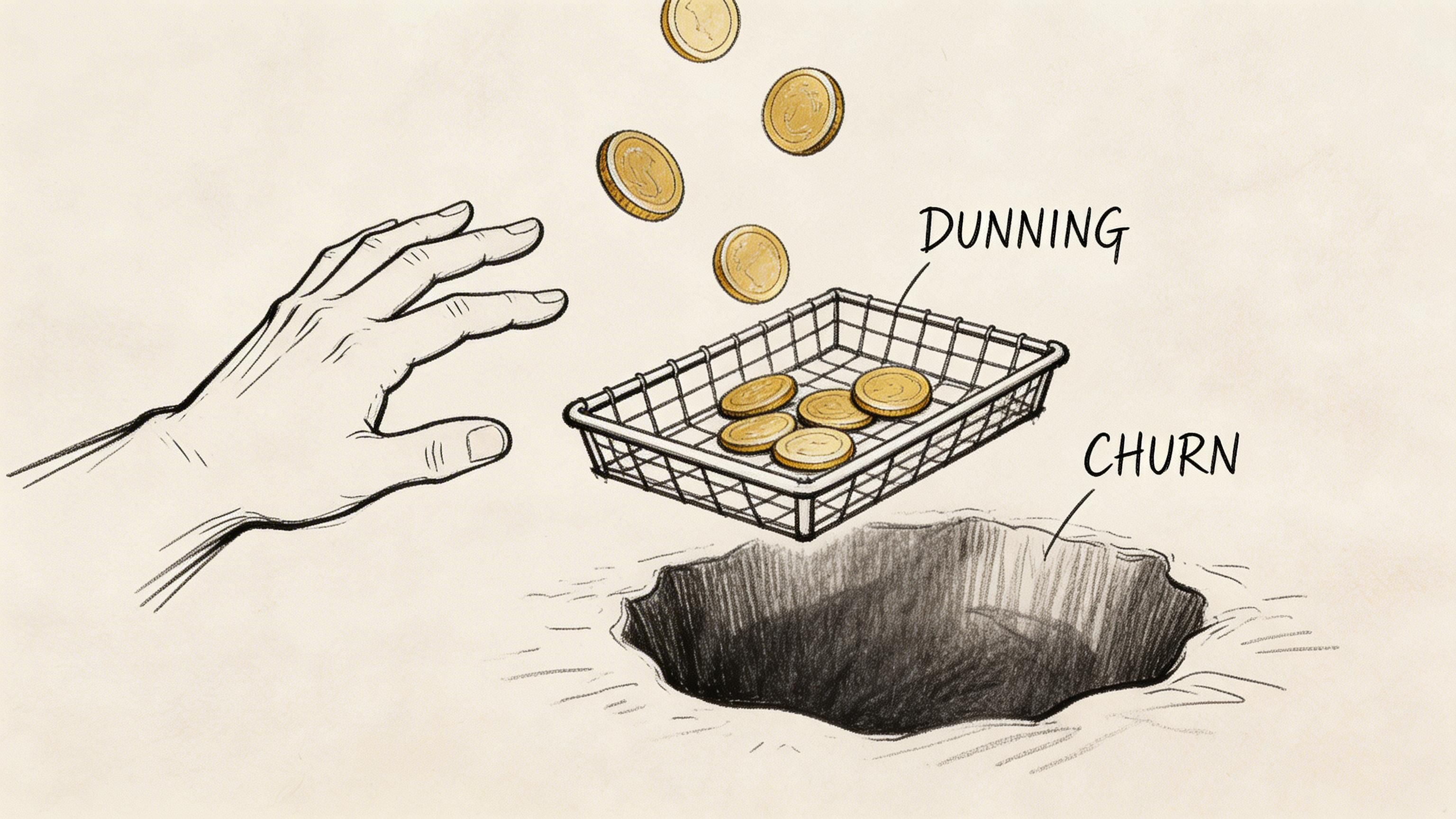 A hand holding a wire basket of coins over a dark pit labeled as customer churn.
