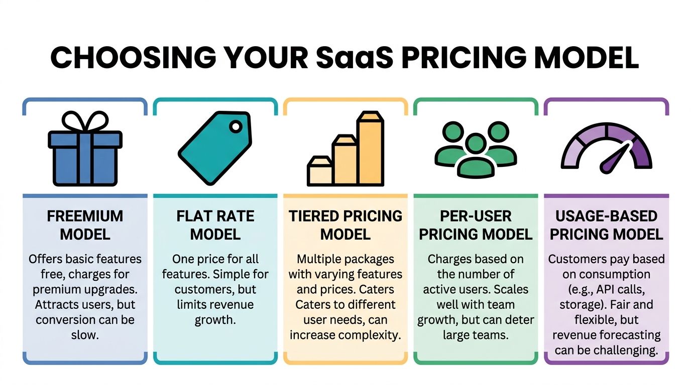 An infographic showing five common SaaS pricing models including freemium, flat rate, tiered, per-user, and usage-based options.