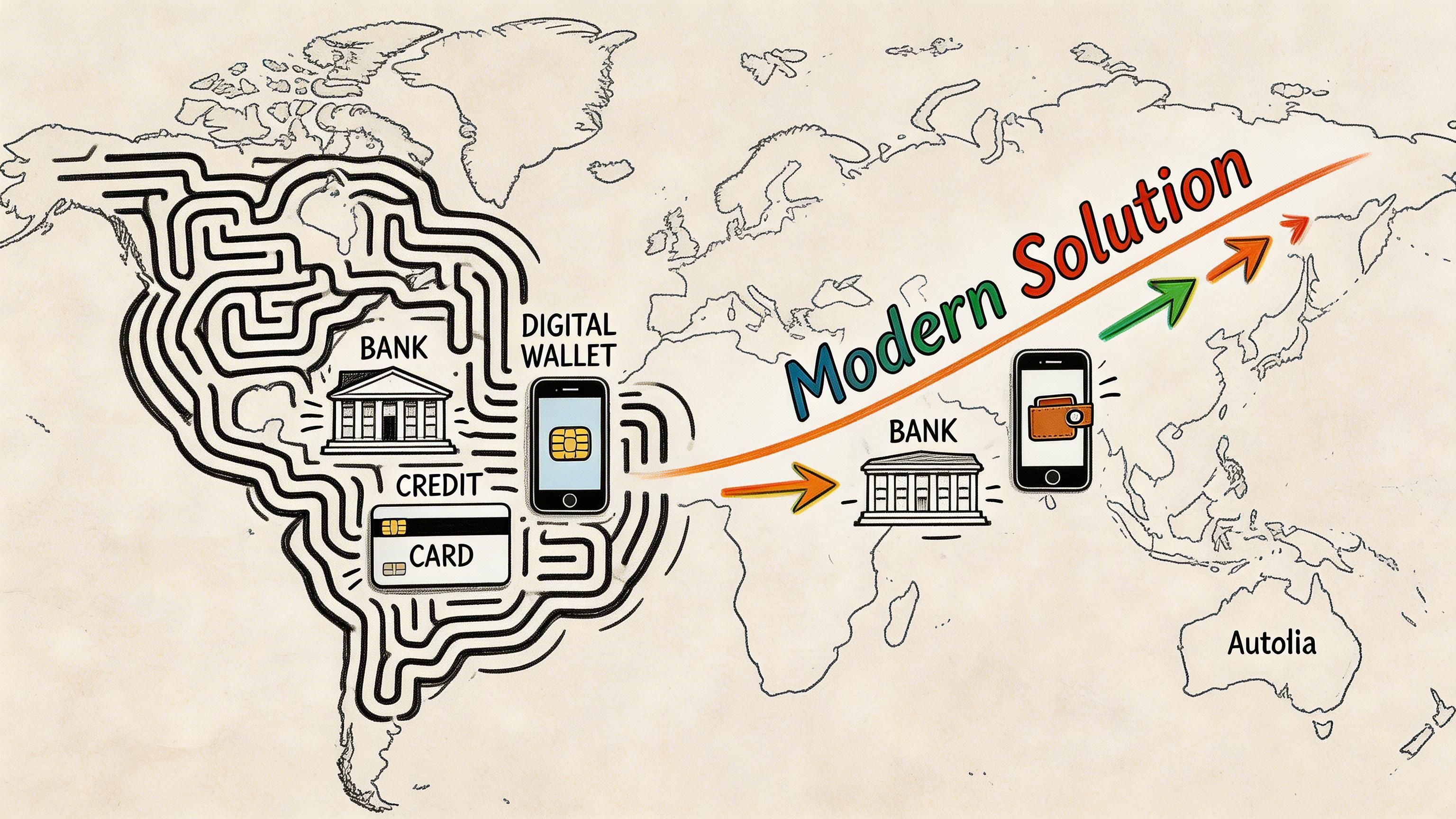 An illustration showing a complex maze transition from traditional bank and credit card systems to modern digital wallets.