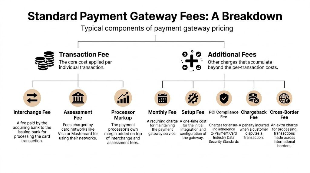 A diagram illustrating the breakdown of standard payment gateway pricing, covering transaction and additional service fees.