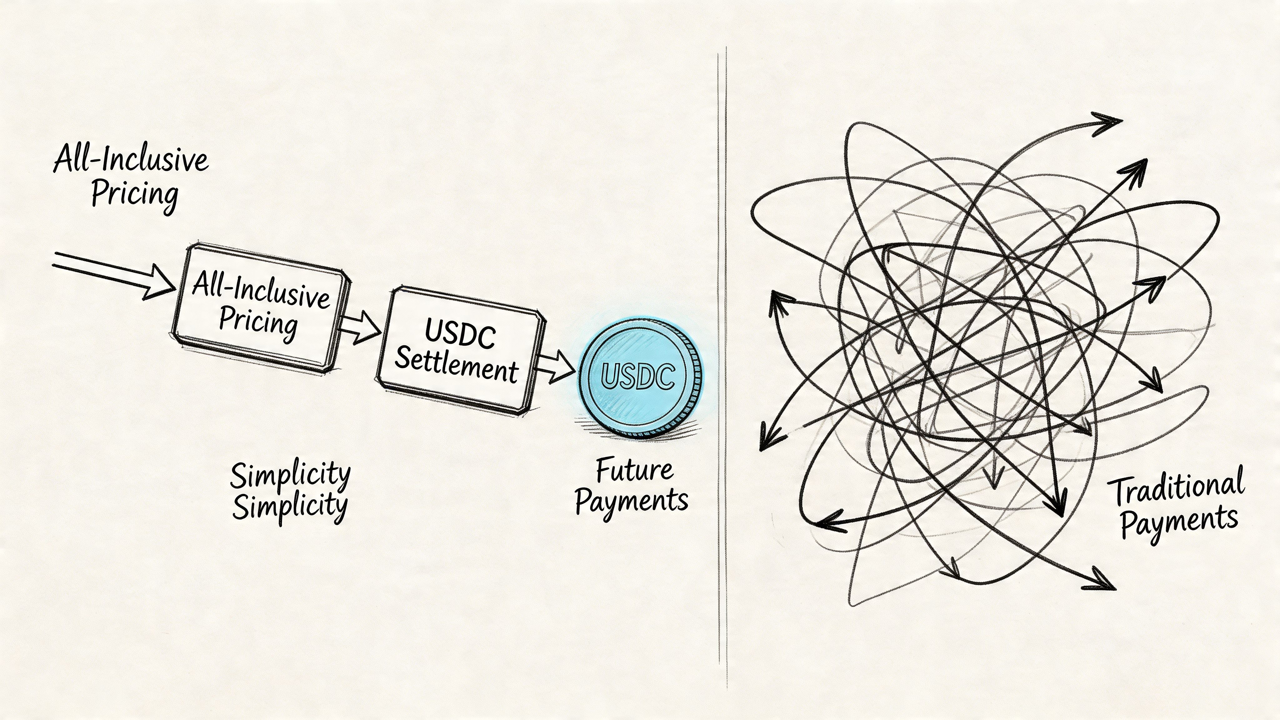A diagram comparing the simplicity of USDC-based payments versus the complexity of traditional payment systems.
