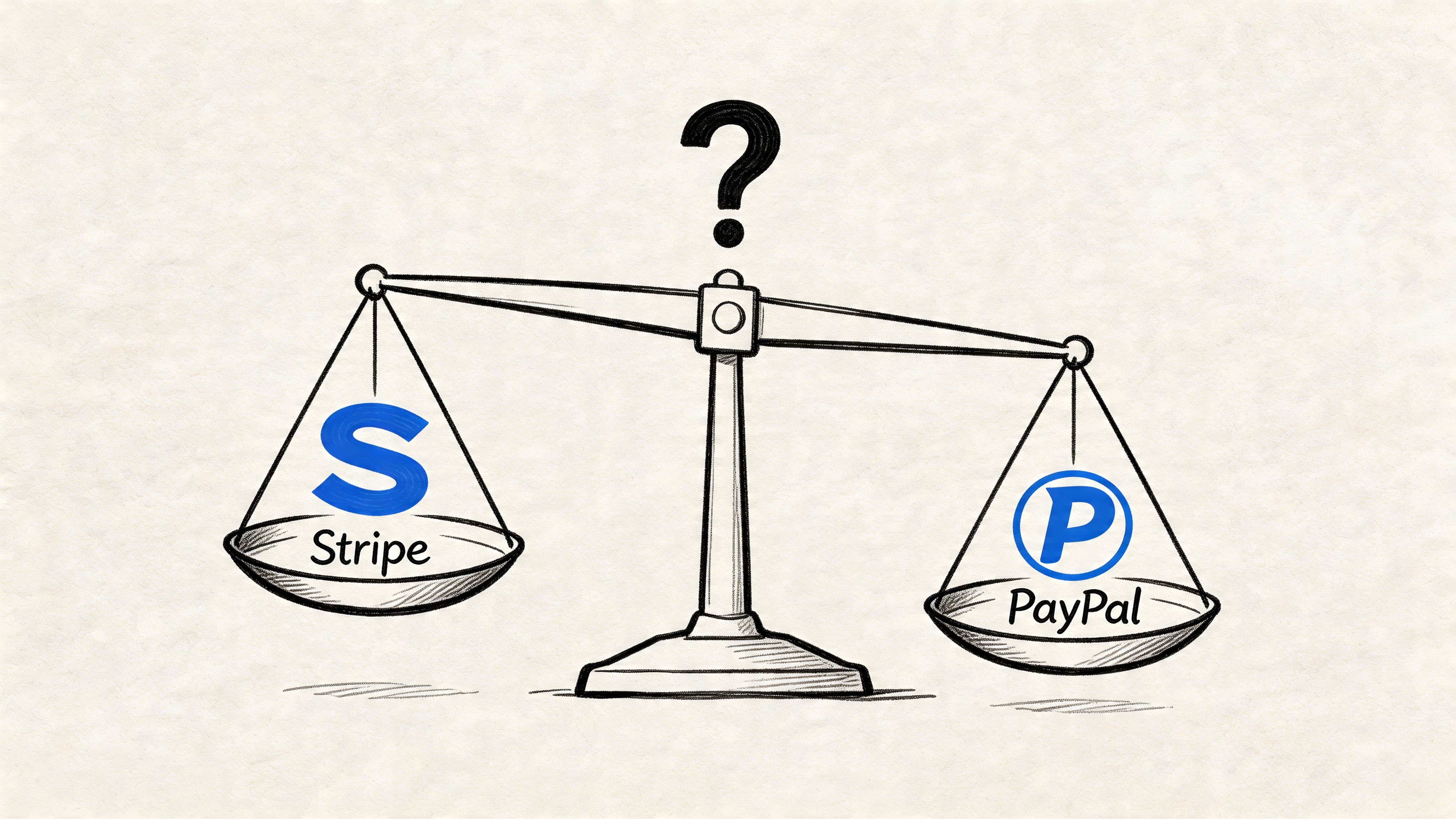A hand-drawn illustration of a balance scale comparing Stripe and PayPal with a question mark above.