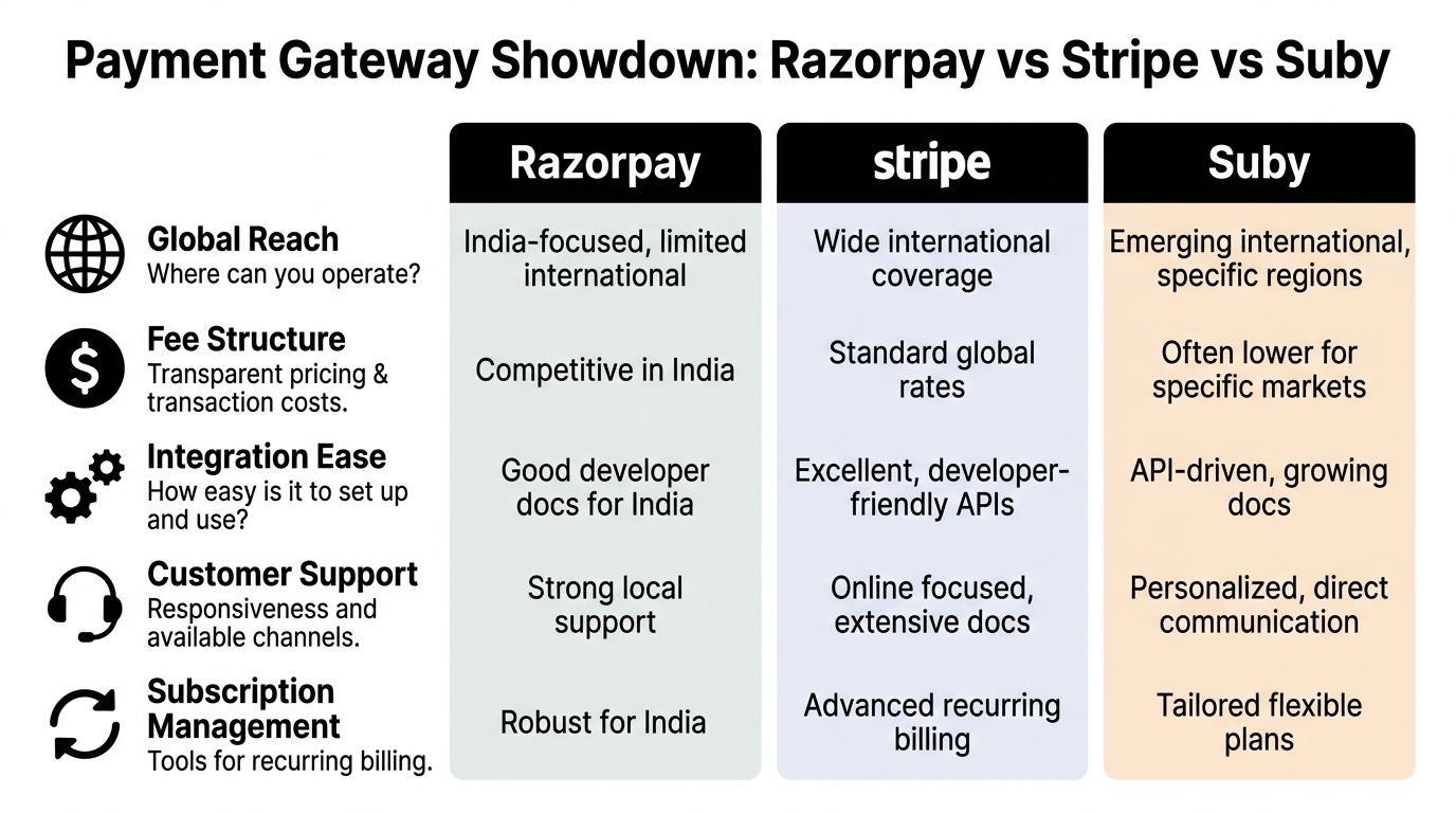 A comparison table titled Payment Gateway Showdown contrasting the features of Razorpay, Stripe, and Suby payment services.