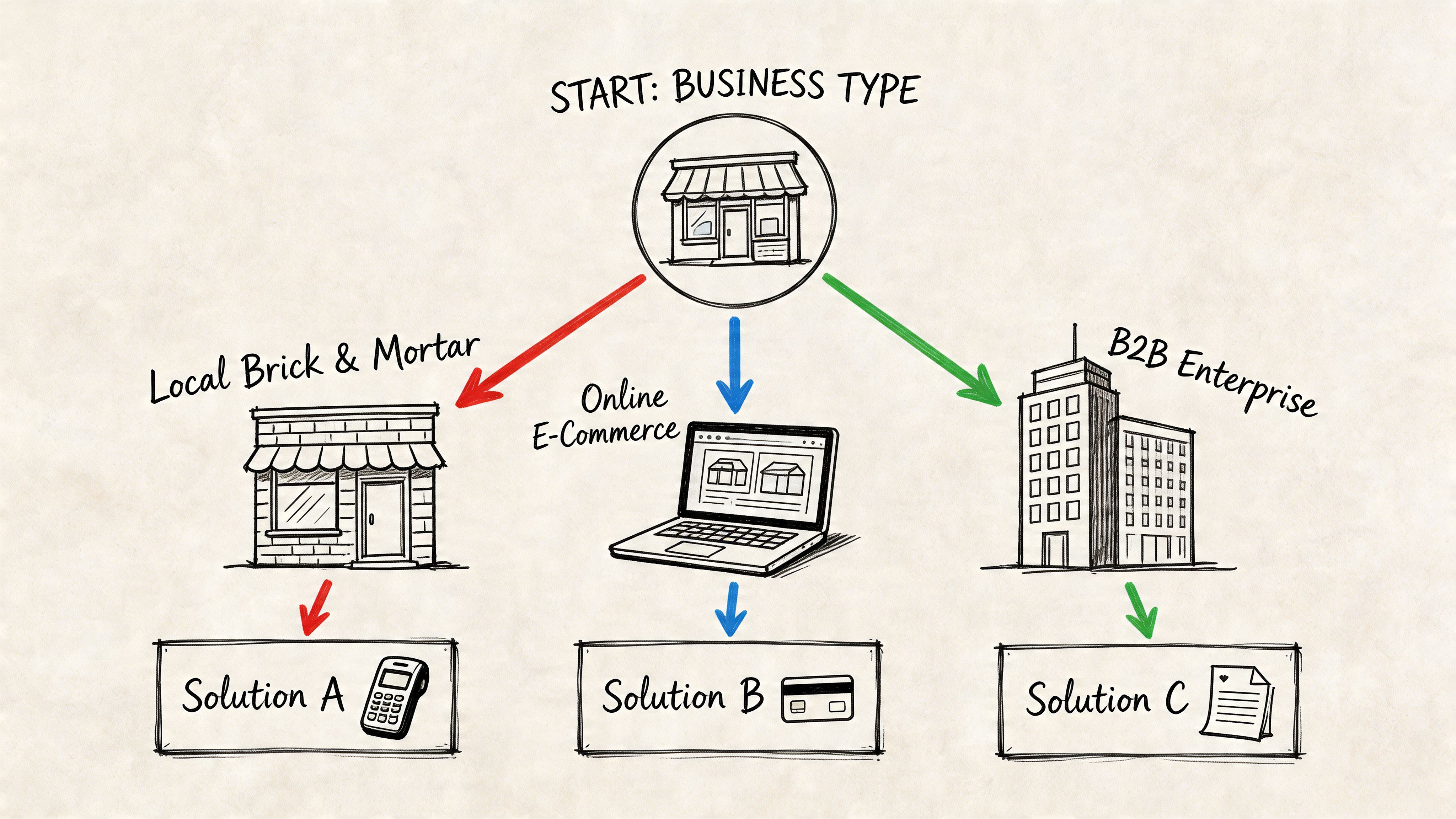 A flowchart showing how different business types like brick and mortar or online shops choose payment solutions.