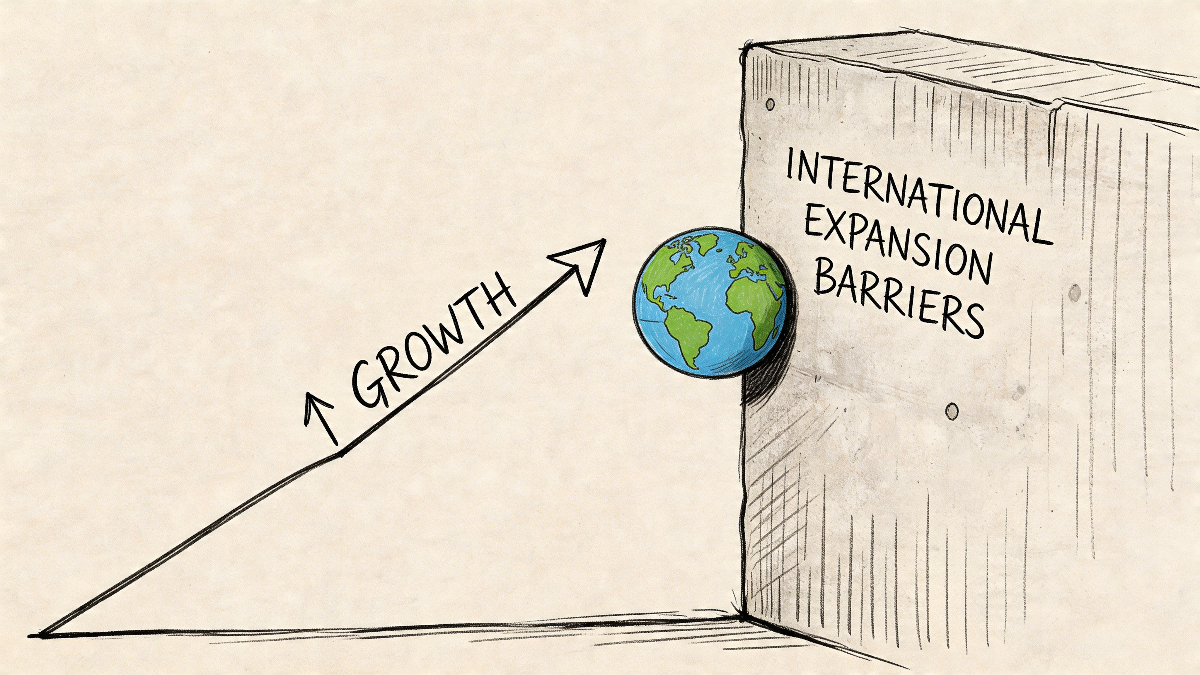 A conceptual drawing of a growth arrow hitting a concrete wall labeled International Expansion Barriers.