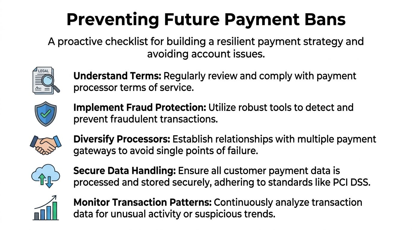 A checklist infographic outlining strategies to prevent future payment processor bans for online businesses.