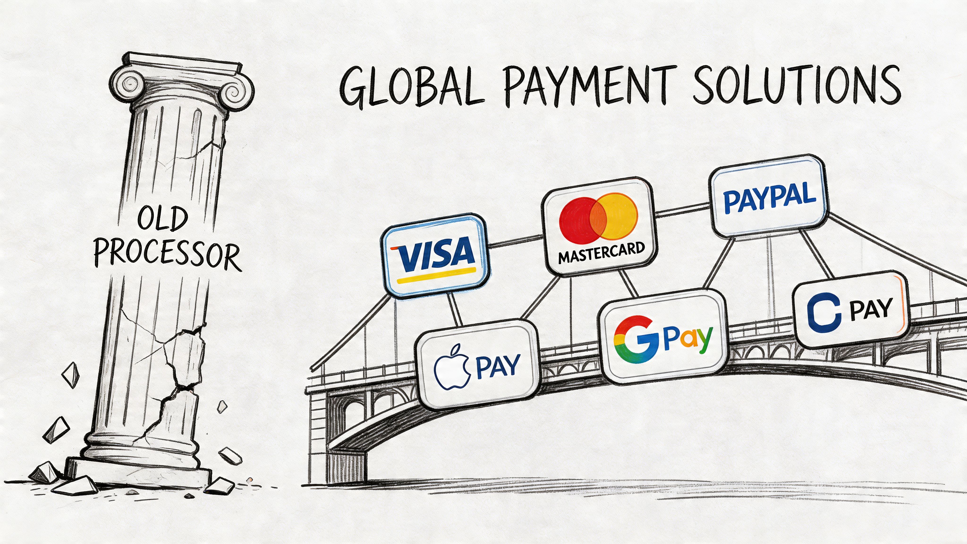 A digital illustration showing a crumbling pillar labeled Old Processor alongside a bridge representing global payment solutions.