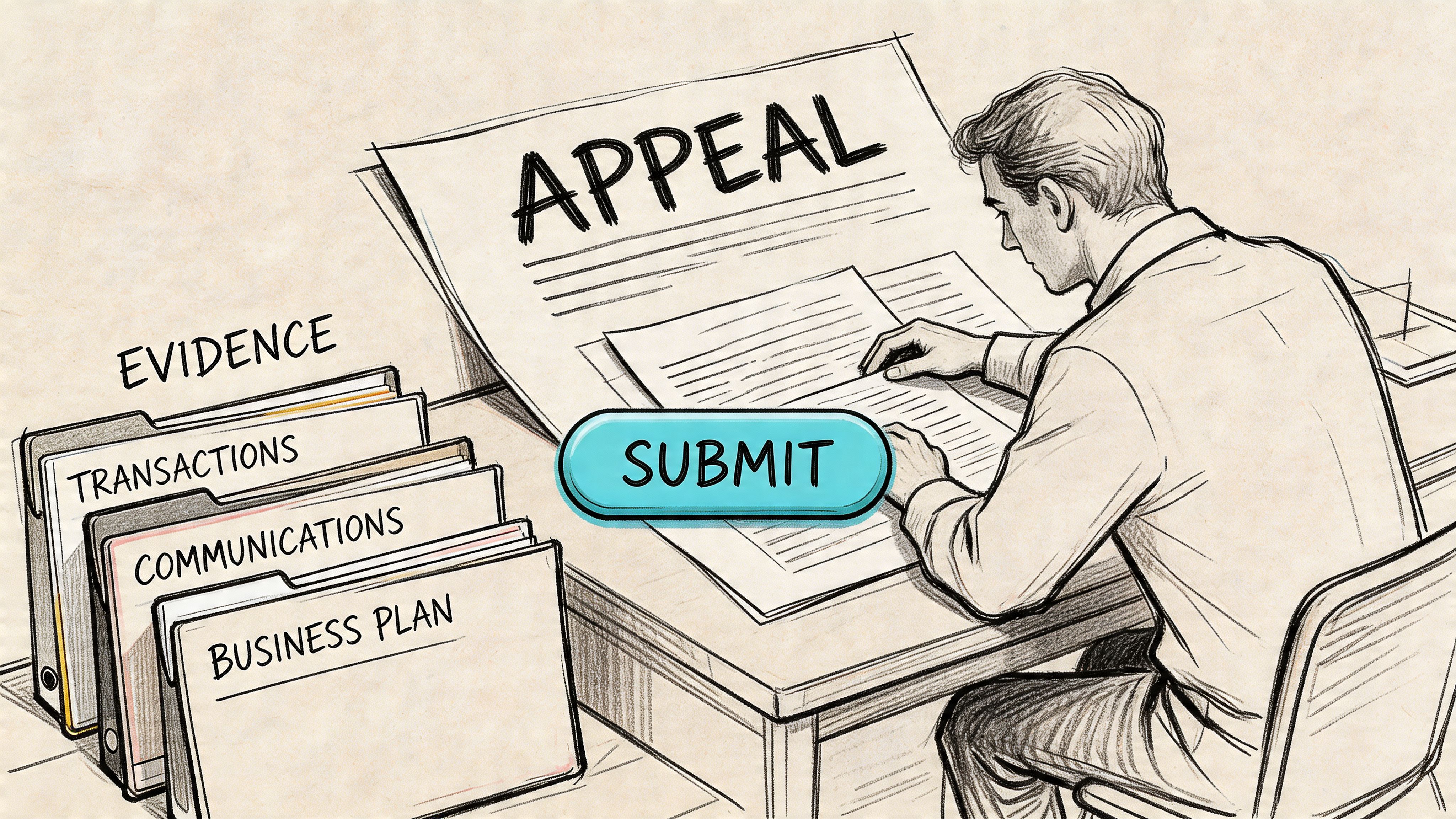 A professional working on an appeal document with organized folders labeled as evidence on a desk.