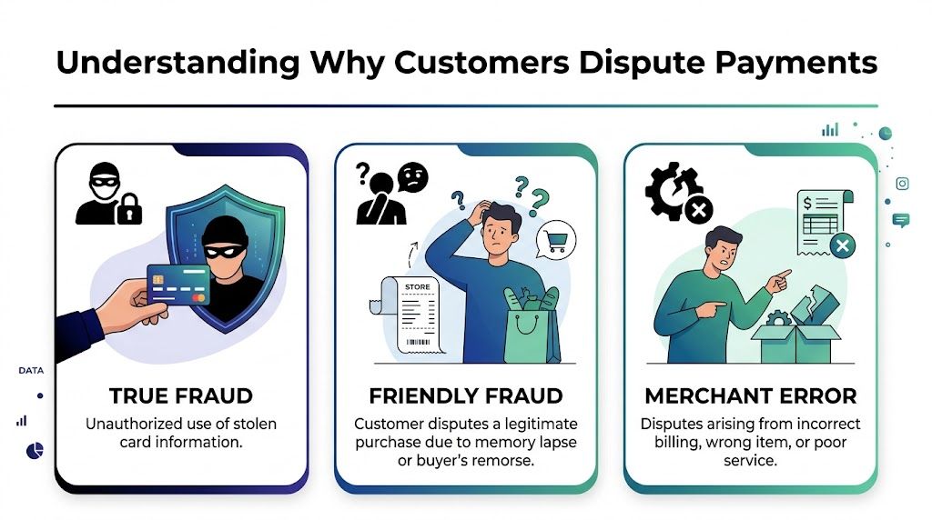 An infographic illustrating three common reasons why customers dispute payments: true fraud, friendly fraud, and merchant error.