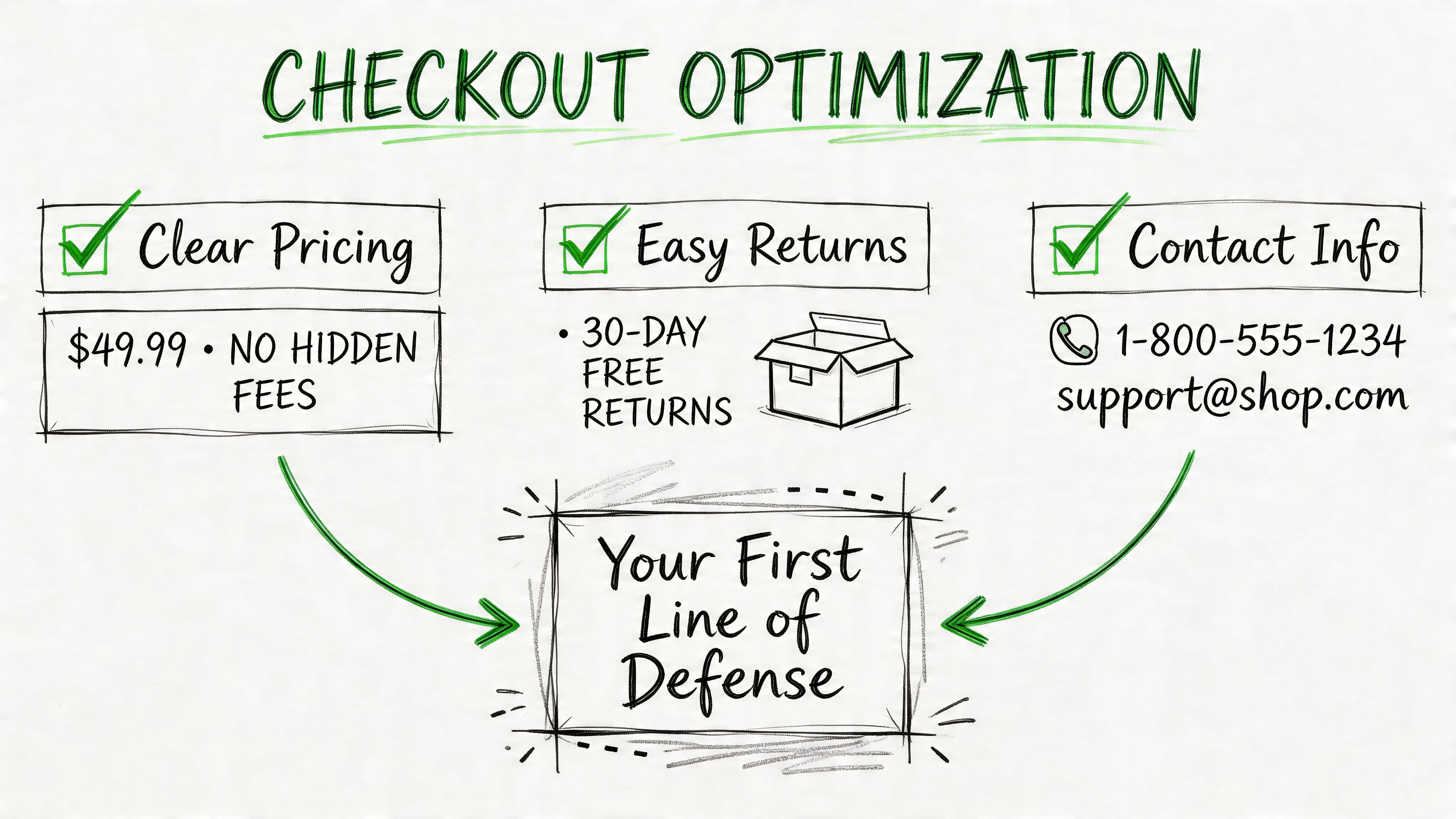 A diagram titled Checkout Optimization highlighting three key trust factors for e-commerce conversion: clear pricing, easy returns, and accessible contact information.