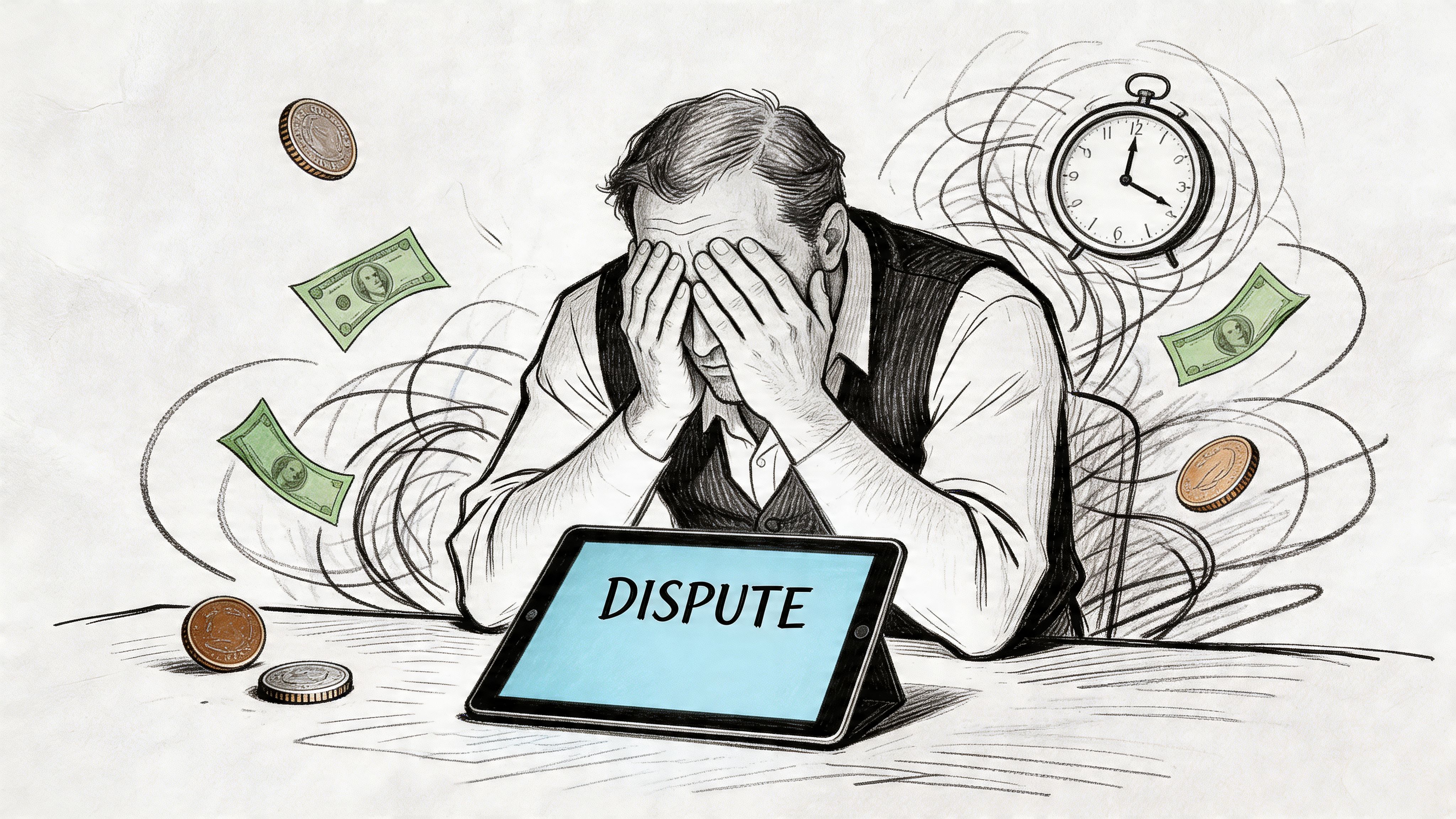 A stressed man with his head in his hands sits at a desk with a tablet showing dispute.