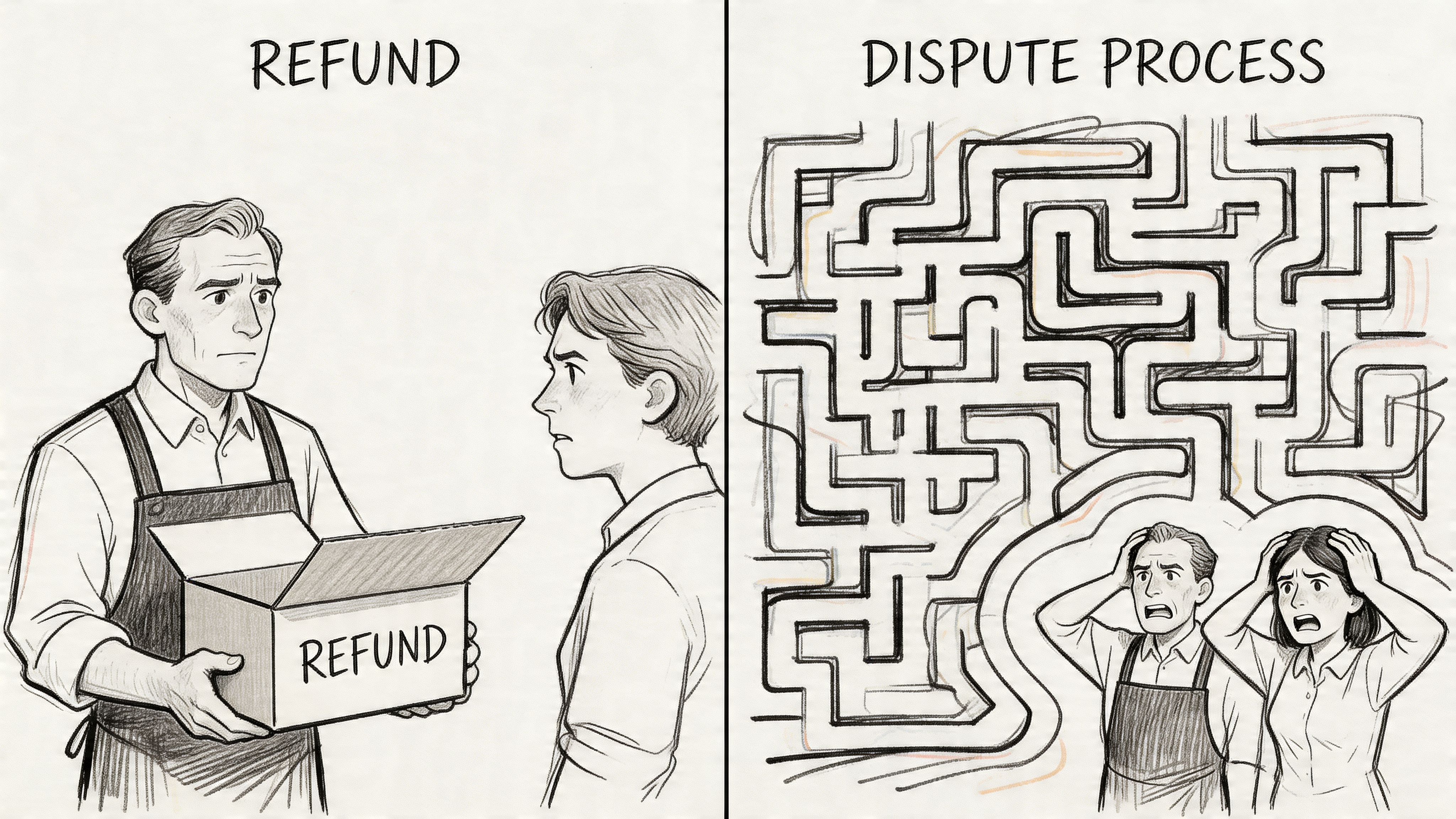 A split image comparing a straightforward refund process to a complex, stressful maze-like dispute process.