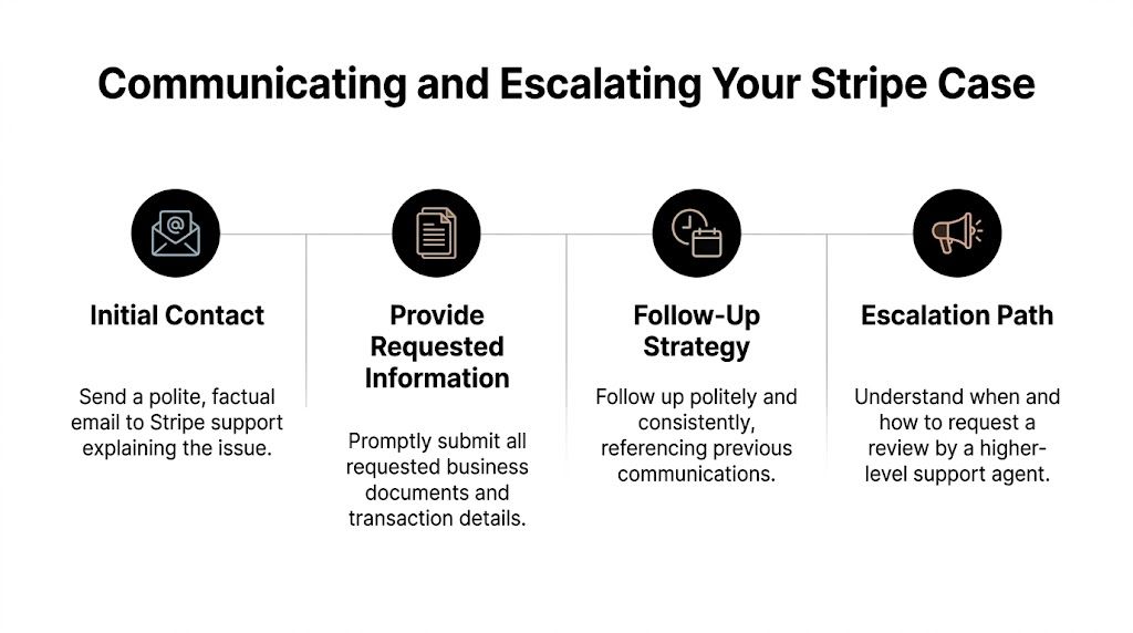 An infographic showing four steps to communicate and escalate support issues for a Stripe account.