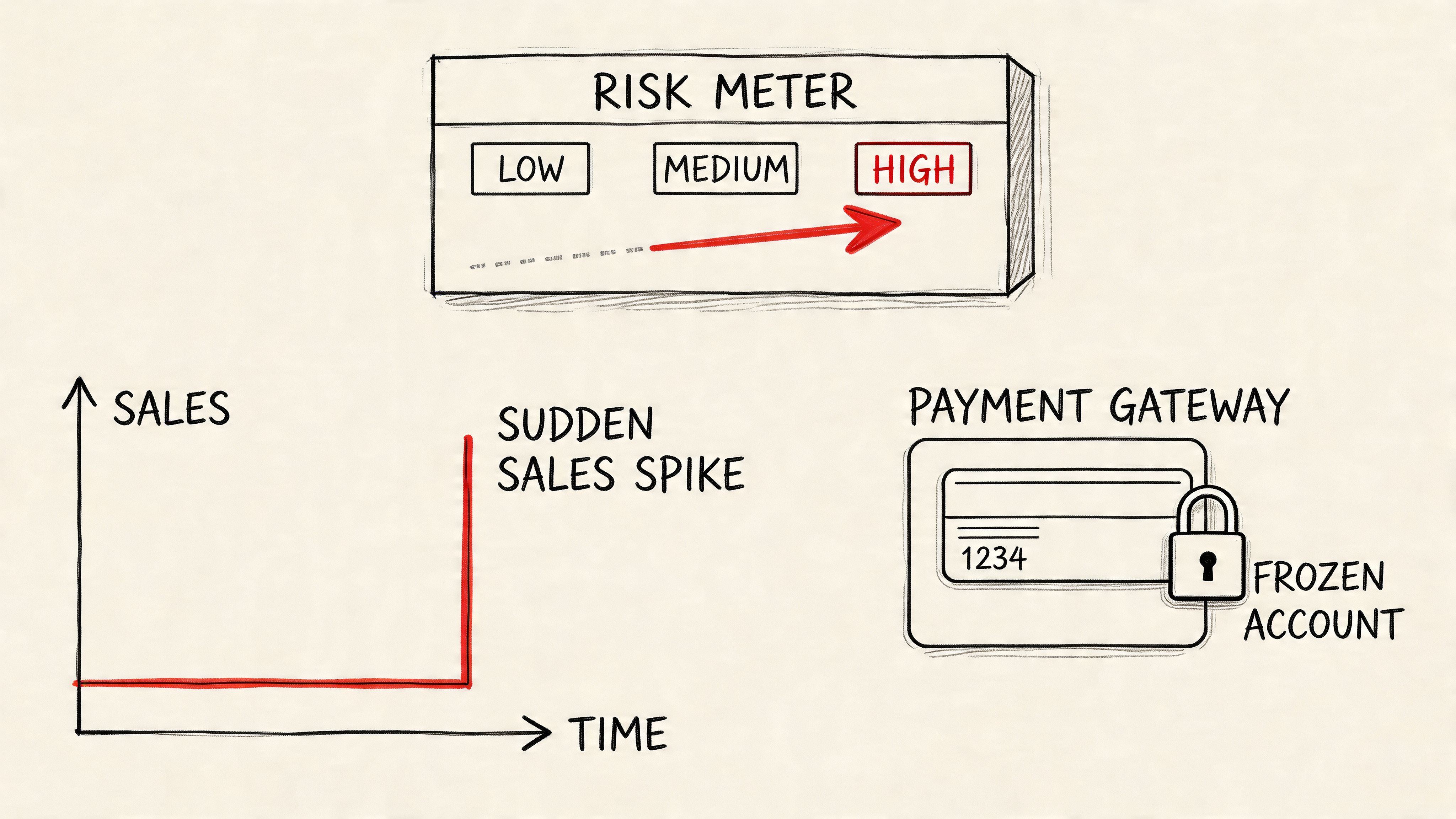 An illustration showing a risk meter at high, a sales spike graph, and a locked payment account.